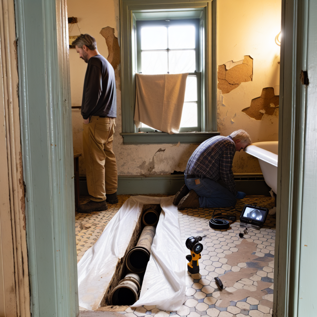 Plumber inspecting old drain pipes for clogged toilet repair in historic Malden triple-decker home