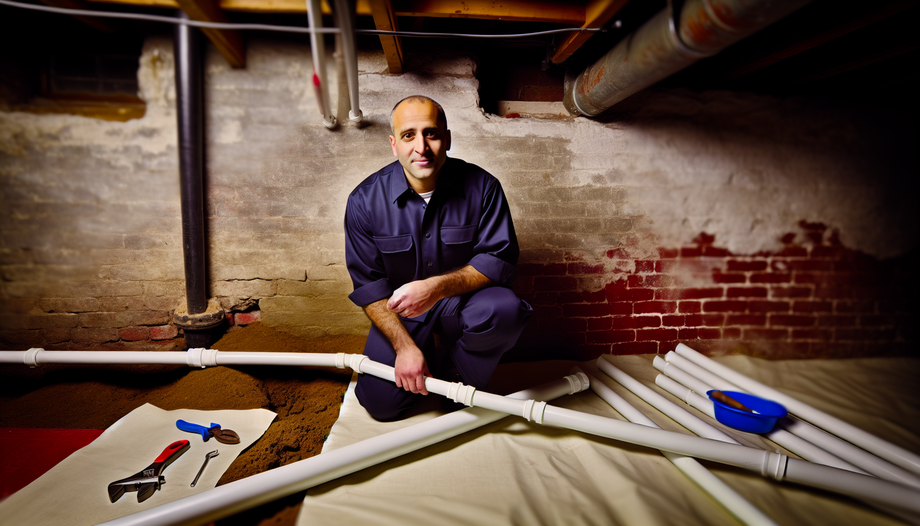 Professional plumber performing lead drain line replacement in Malden, MA residential basement with new PVC pipes