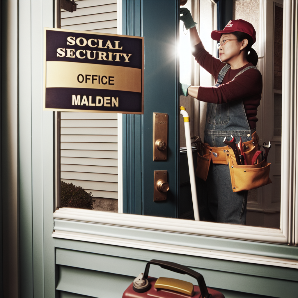 Photorealistic style. Depict an Asian female emergency plumber in action near a social security