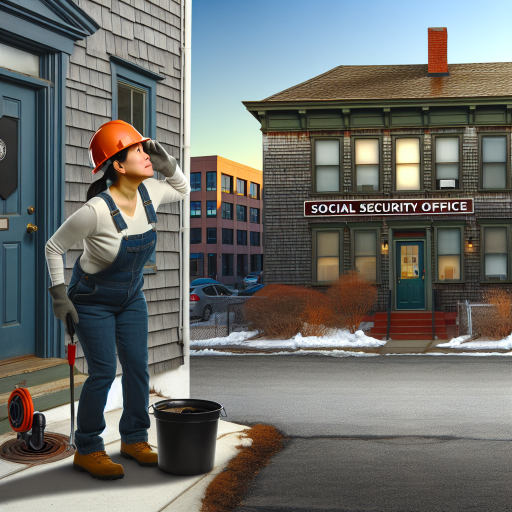 Photorealistic image in professional photo style featuring an Asian female emergency plumber in action near a social