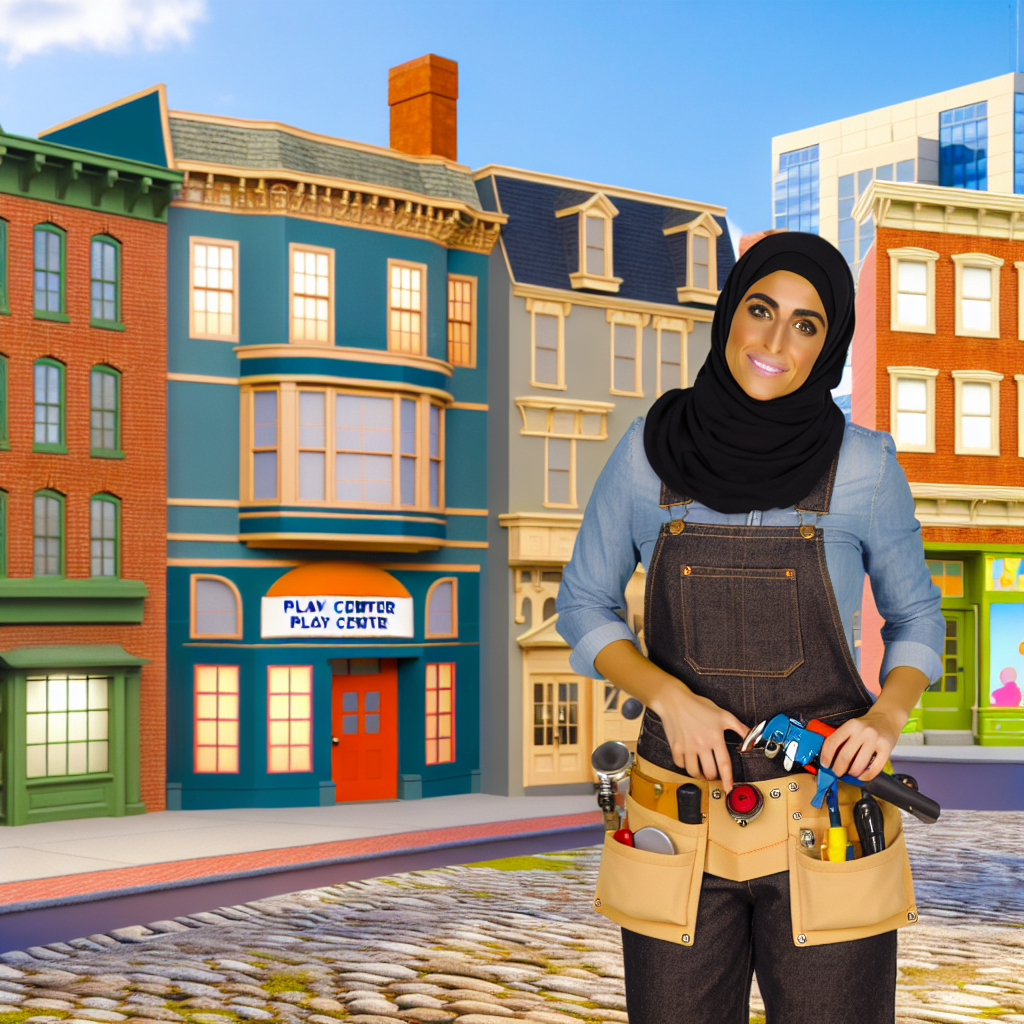 Setting illustrating a female plumber in action near a vibrant play center in Malden. The area should echo Boston's
