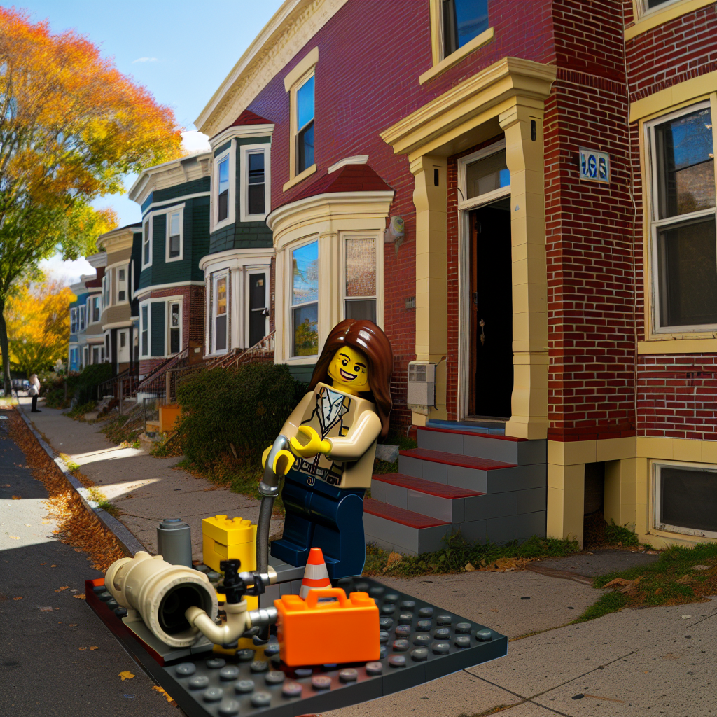 This: A professional Caucasian female plumber at work in the city of Malden, near the LEGO Discovery Center Boston. The