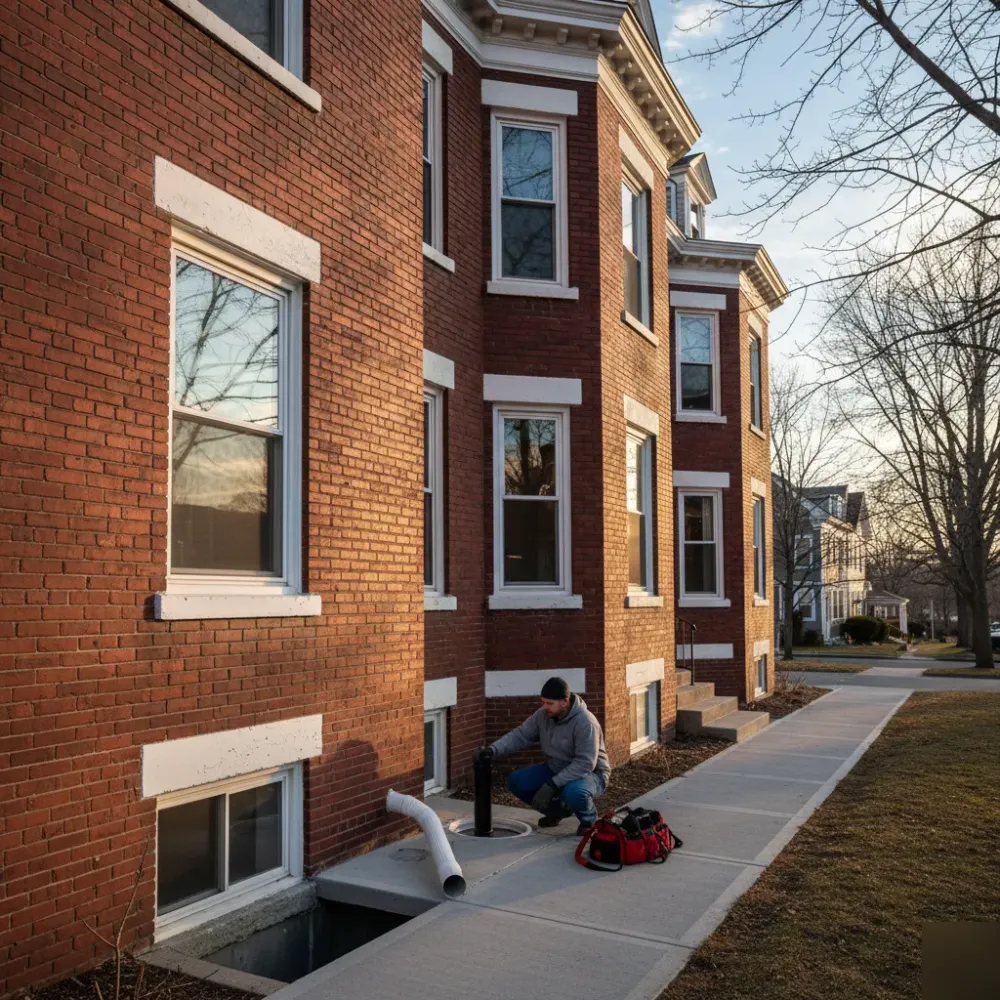 Brick triple-decker home exterior with a clean drainage cleanout fitting and a plumber crouching nearby in Malden.