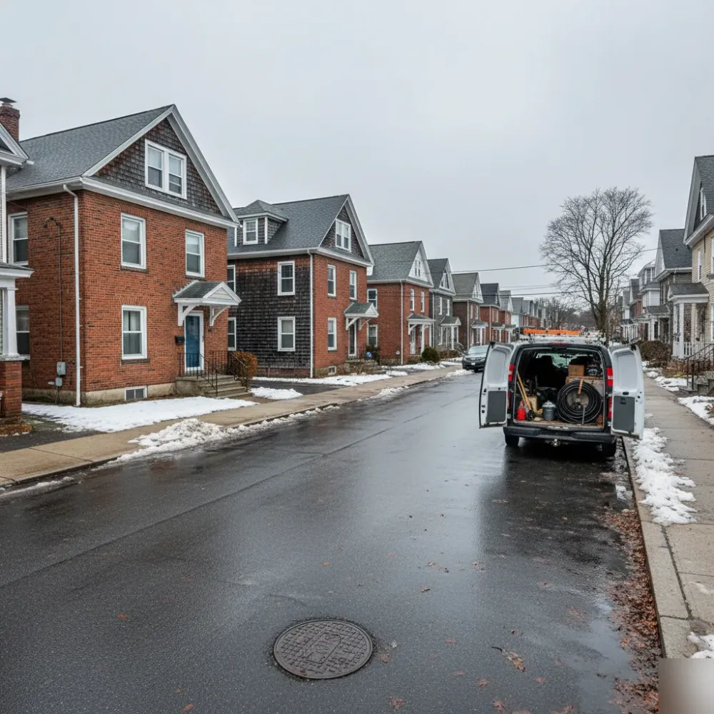 Malden residential street with brick homes, melting snow, and a plumber's van parked near a curbside storm drain.