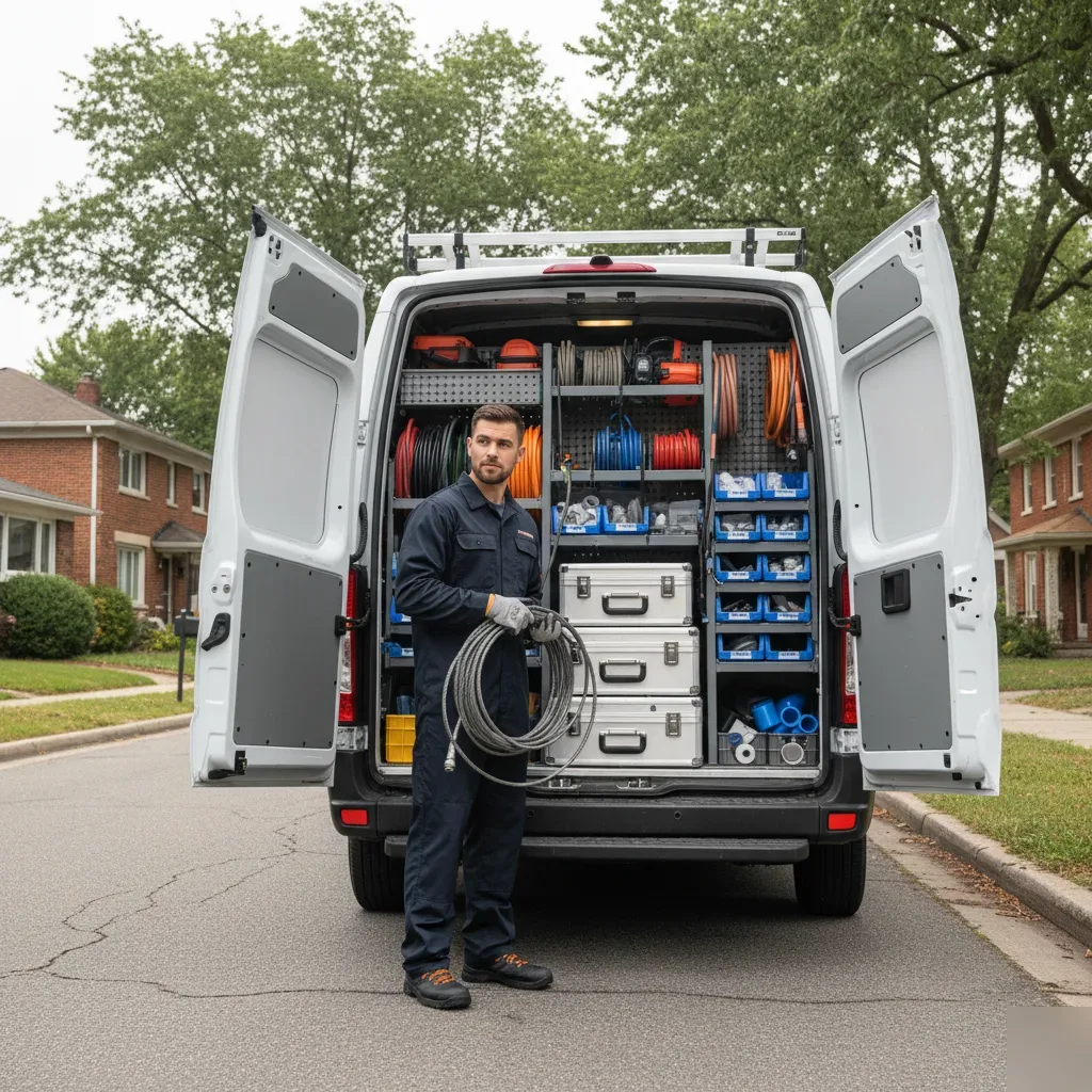 Plumber beside a tool-loaded service van with drain cables, inspection camera, and hydro-jet hoses visible in Malden.