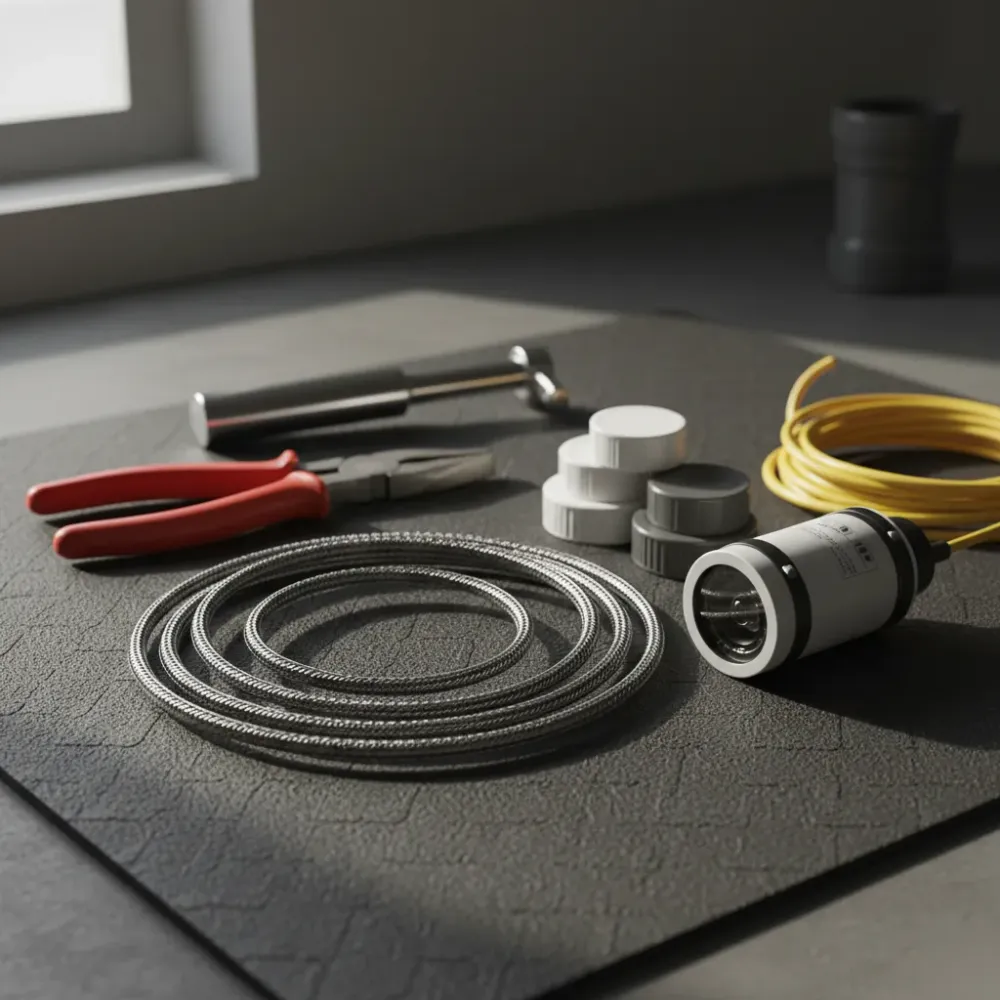 Drain service tools including a steel snake, pipe inspection camera, and PVC caps arranged on a dark rubber mat.