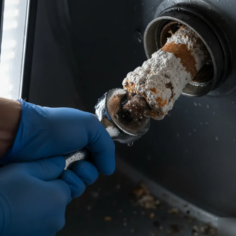 Gloved hands removing a calcium-scaled electric water heater heating element with a socket wrench during a repair.