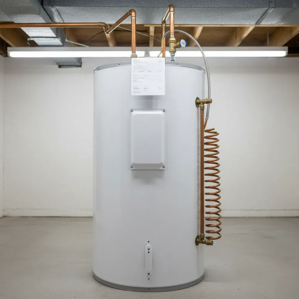 Fully serviced electric water heater with new fittings and a secured access panel standing in a clean Malden basement.