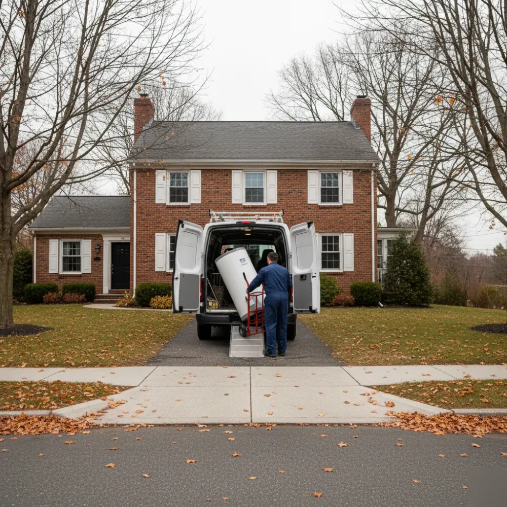 Plumber unloading a replacement electric water heater from a service van at a brick colonial home in Malden on an overcast
