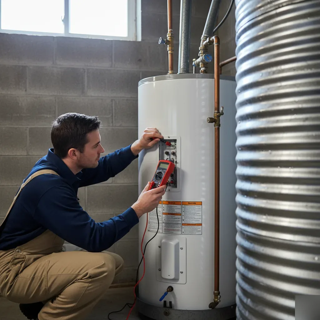 A plumber testing an electric water heater element with a digital multimeter in a Malden basement utility room.