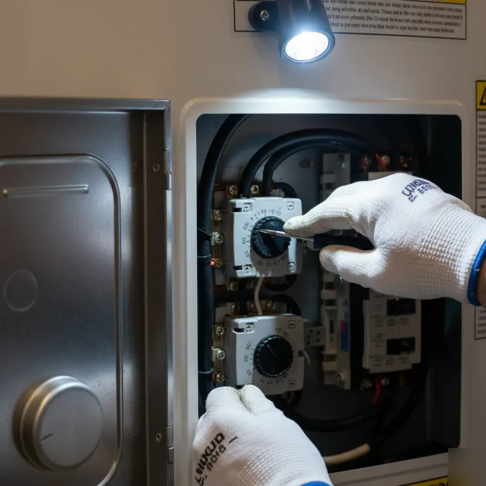 Hands adjusting an electric water heater thermostat dial with a flathead screwdriver inside an open access panel during
