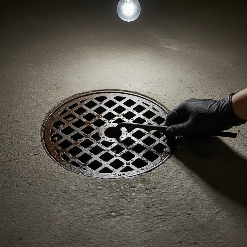 Cast-iron basement floor drain on damp concrete with a gloved hand holding a removal tool beside it.