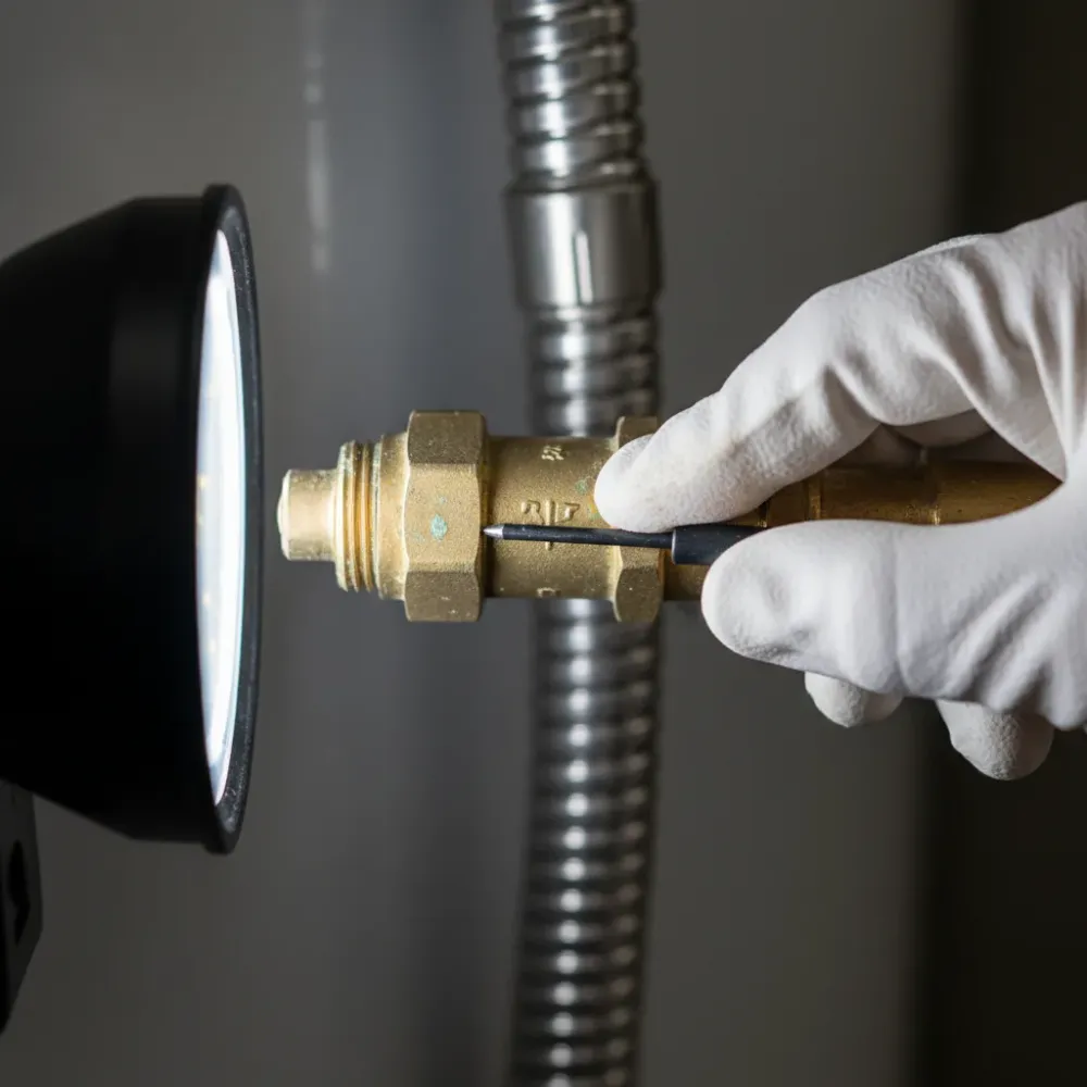 Gloved hand holds a gas leak detector probe against a brass valve fitting on a residential water heater.