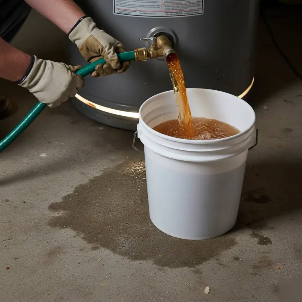 Rust-colored water drains from a gas water heater's brass valve into a bucket during a sediment flush in a basement.
