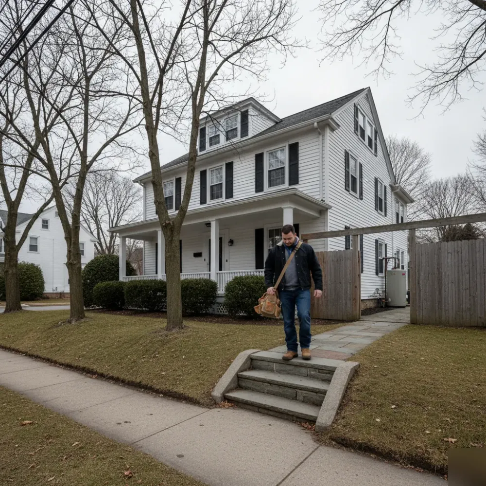 Plumber carrying a tool bag walks up the front steps of a Colonial-style home in Malden on an overcast winter day.
