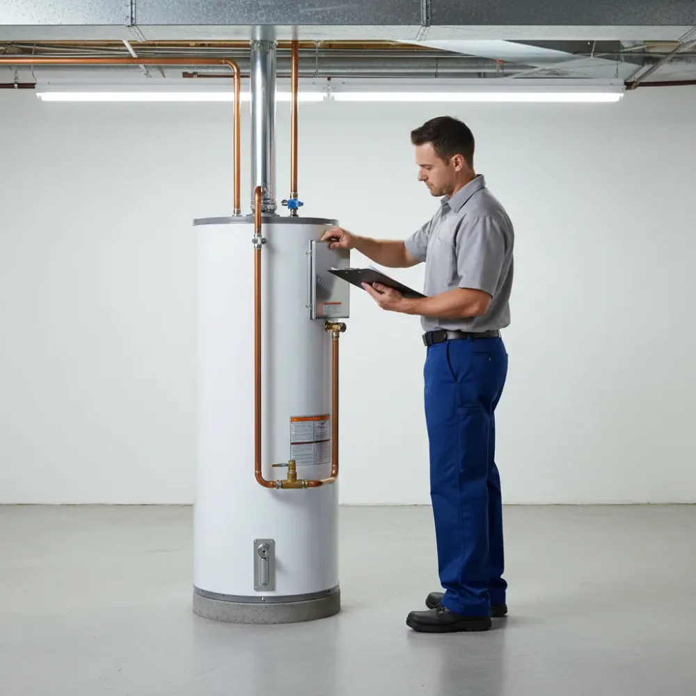 Plumber closes an access panel on a serviced gas water heater in a clean basement while reviewing a clipboard.