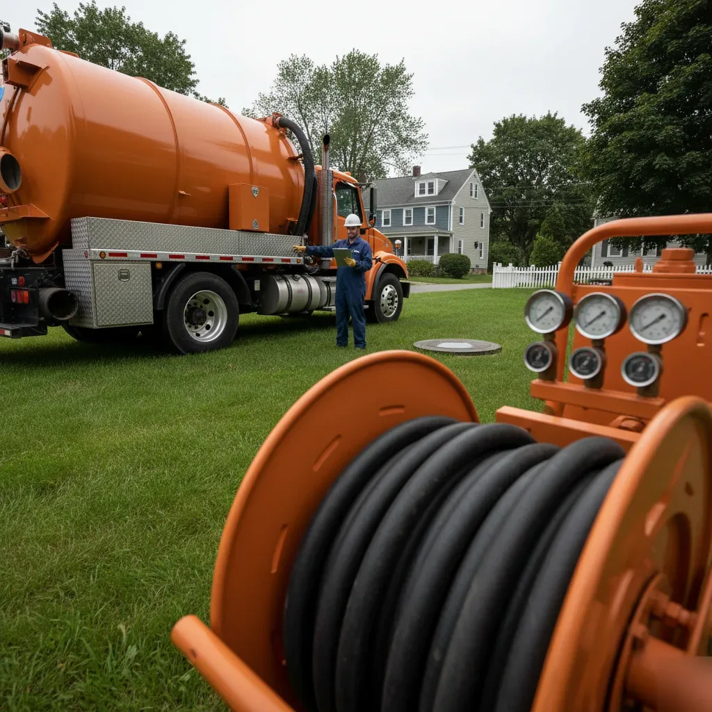 Septic service technician and vacuum pump truck at a residential property in Malden for septic system service.