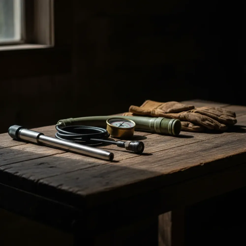 Septic tank pumping tools including hose coupling, probe, and pressure gauge arranged on a wooden work surface.