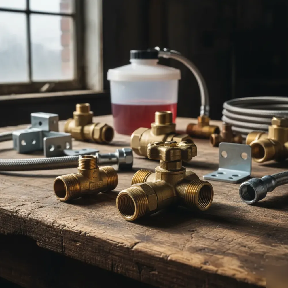 Solar hot water system parts including copper fittings, brass valves, and mounting brackets arranged on a wooden workbench.