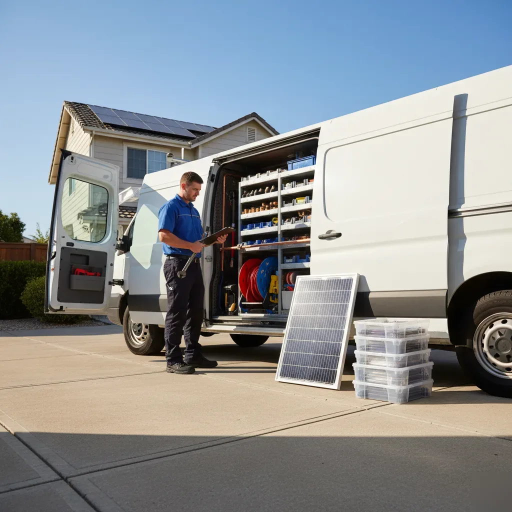 A plumber beside a service van with solar hot water system components and rooftop solar panels visible in Malden.