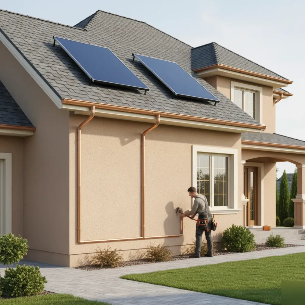 Two flat-plate solar collector panels mounted on a residential rooftop with copper piping running to the utility area below.