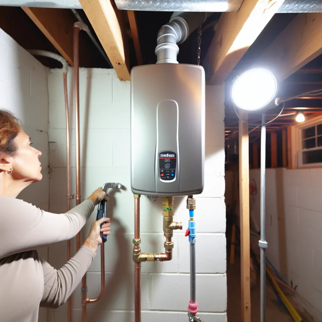 A plumber connects a copper gas line to a wall-mounted tankless water heater during installation in a Malden home.