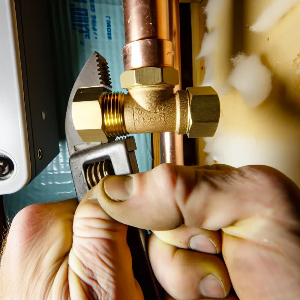 Close-up of hands threading a brass fitting onto a copper outlet pipe on a tankless water heater unit.