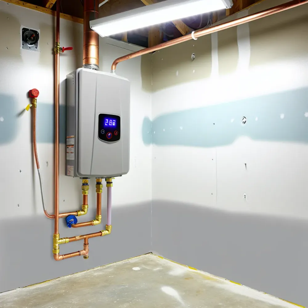 Completed tankless water heater installation on a clean utility room wall with neatly run copper and PEX supply lines.