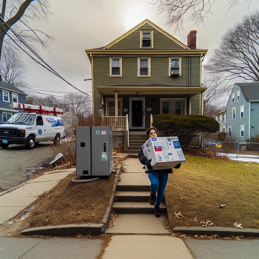 Plumber carries a boxed tankless water heater unit up the front steps of a colonial-style home in Malden.