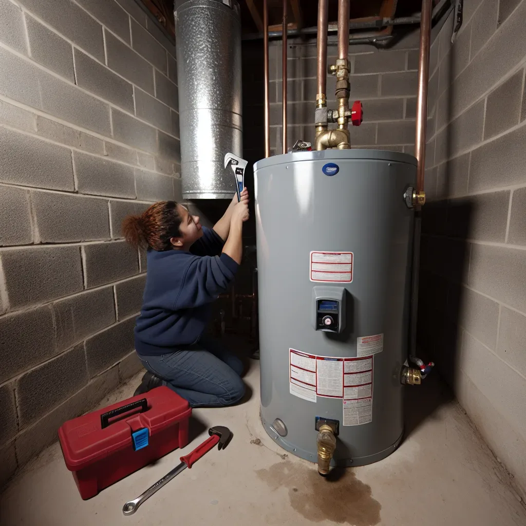 Plumber tightening an inlet valve on a residential water heater during a repair visit in Malden.