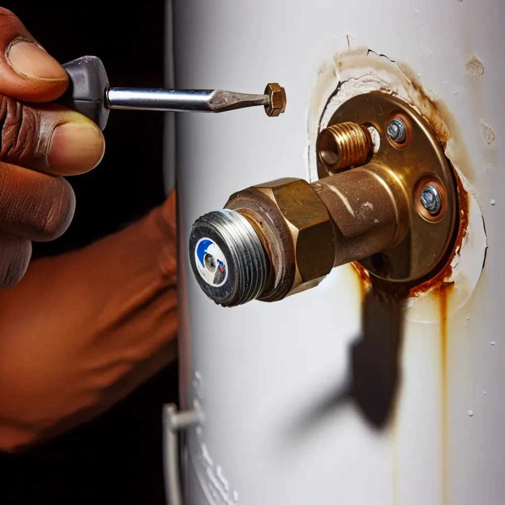 Close-up of hands testing a pressure relief valve on a water heater with mineral scale buildup visible.