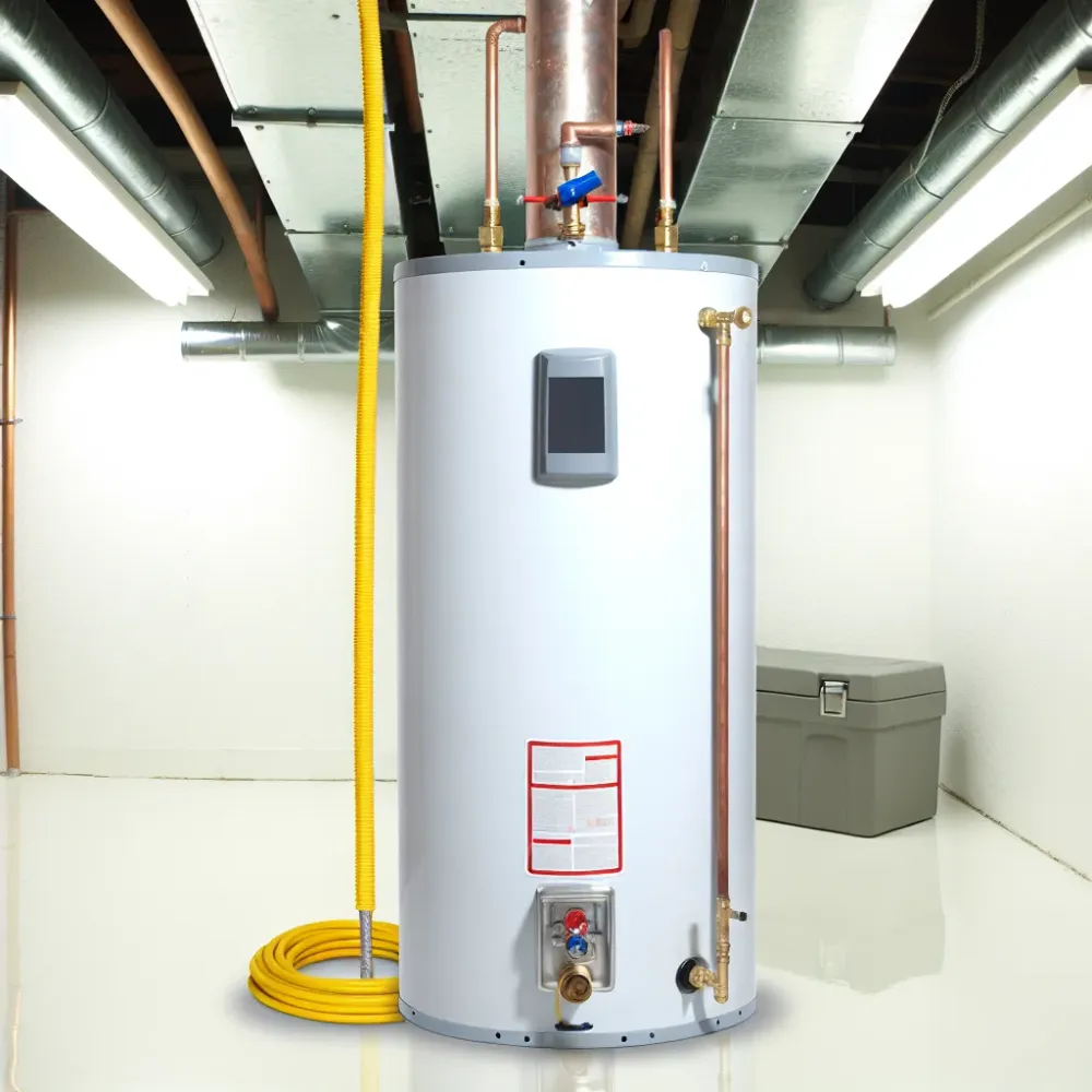 Repaired residential water heater with new copper supply lines and replaced anode rod cap in a clean utility room.