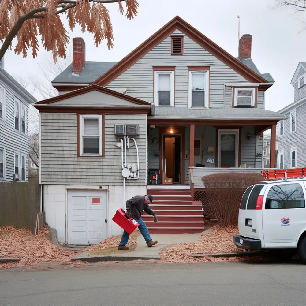 Plumber carrying a toolbox up the front steps of a wood-frame house in Malden on an overcast winter day.