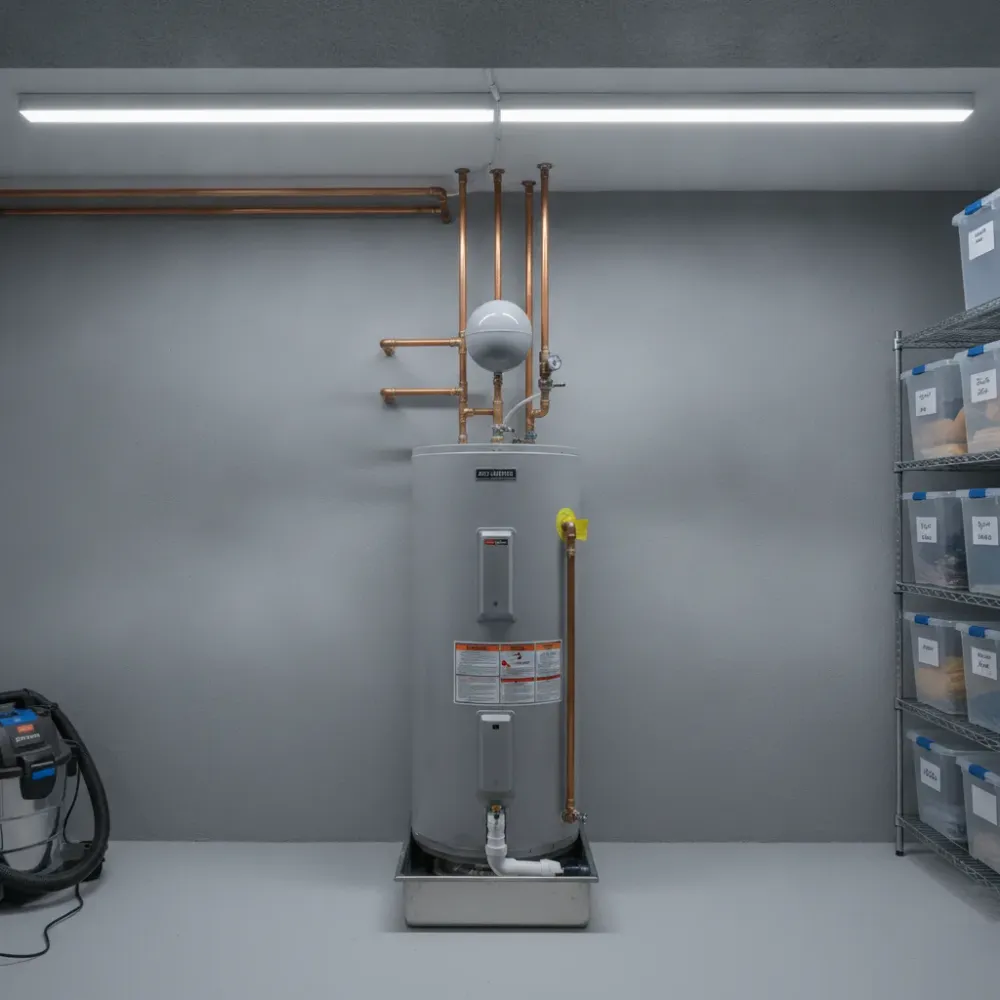 Completed water heater installation with new piping in Malden basement