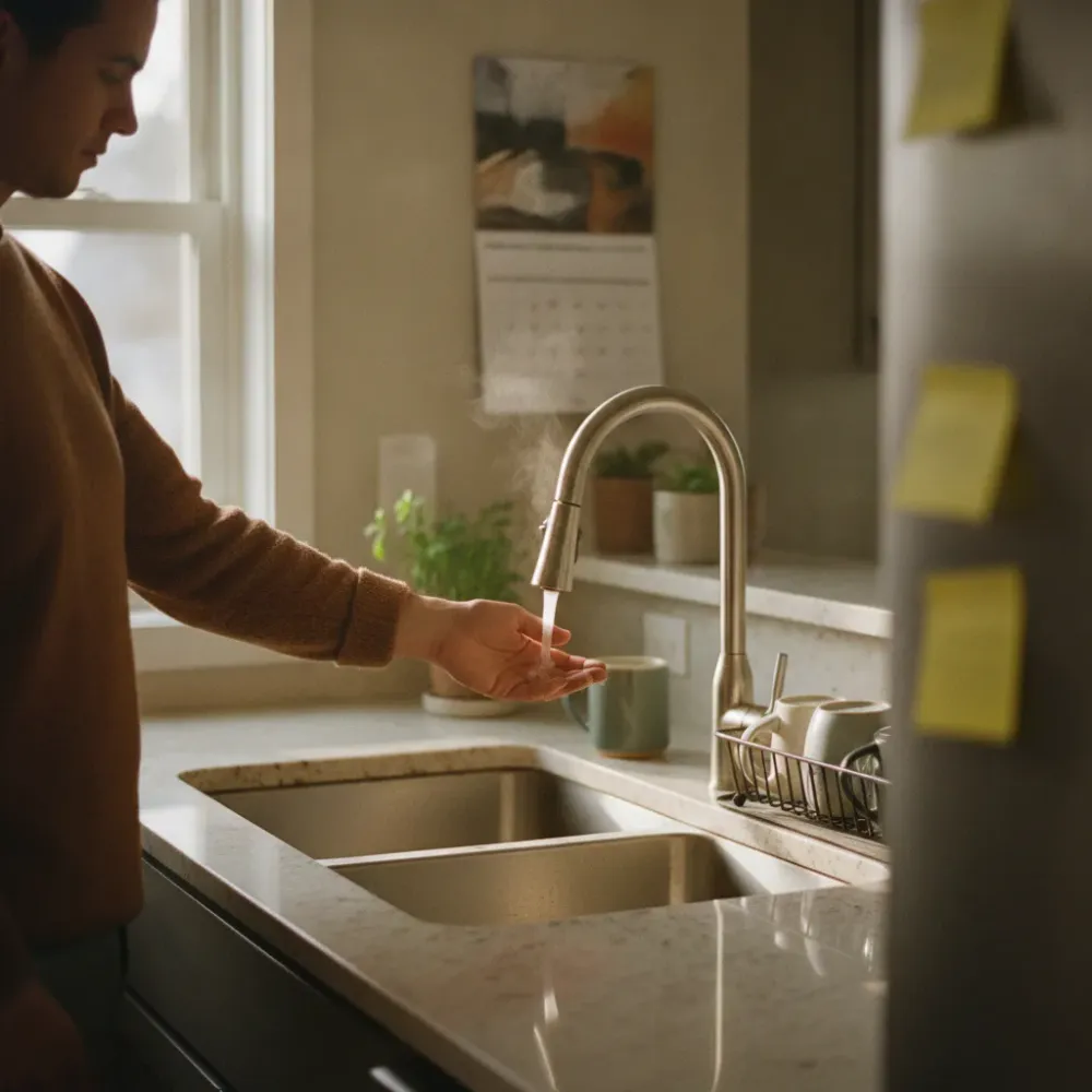 Homeowner testing hot water at kitchen sink after Malden water heater installation