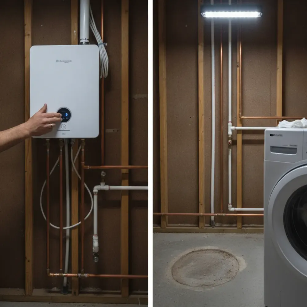 Tankless water heater unit mounted on wall during Malden installation project