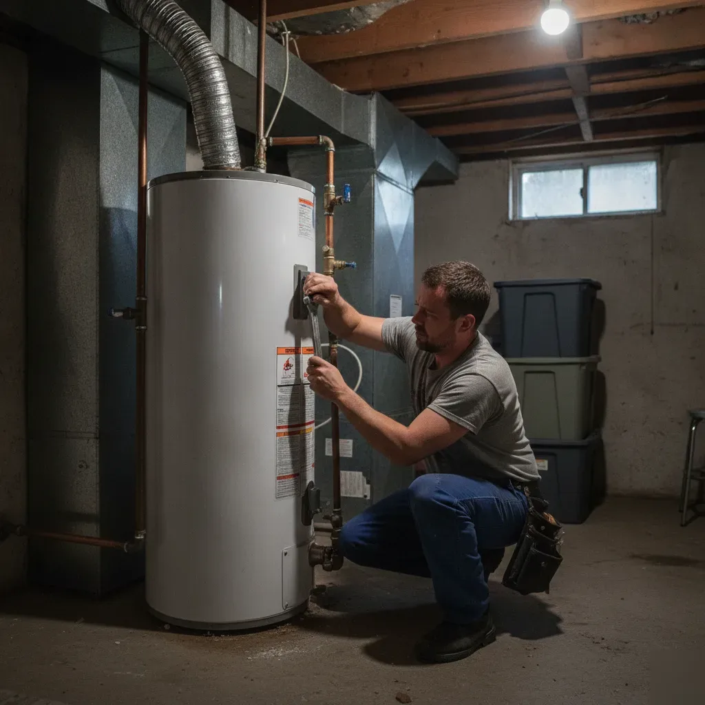 Plumber installing water heater tank in Malden home basement utility room