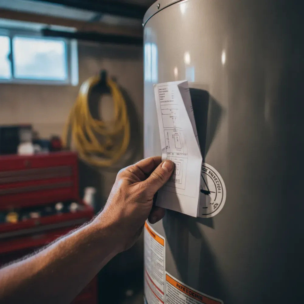 Plumber holding permit document beside inspected water heater tank in Malden