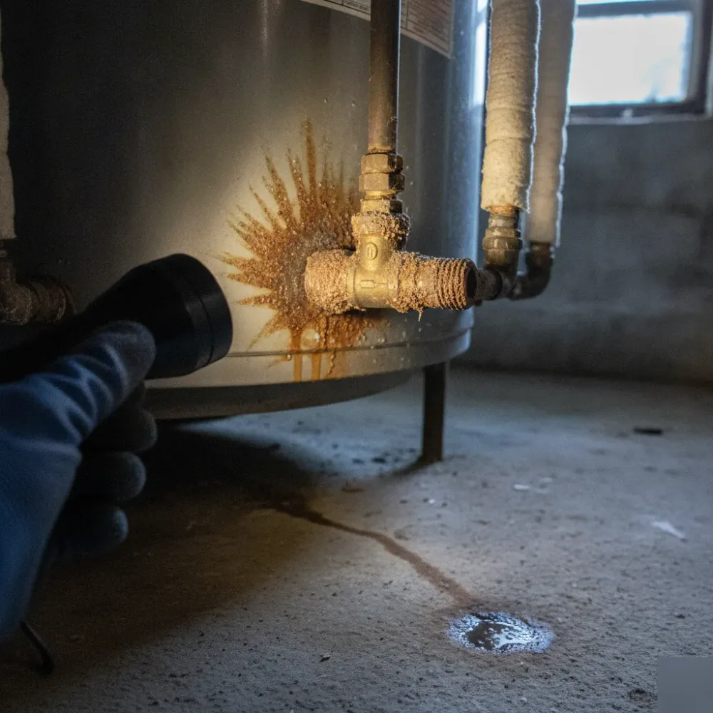 Close-up of rusted water heater valve showing warning signs in Malden home