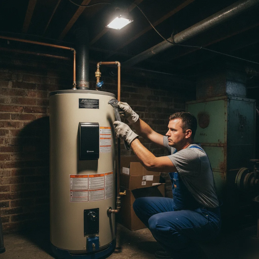 Plumber installing water heater tank in Malden triple-decker basement
