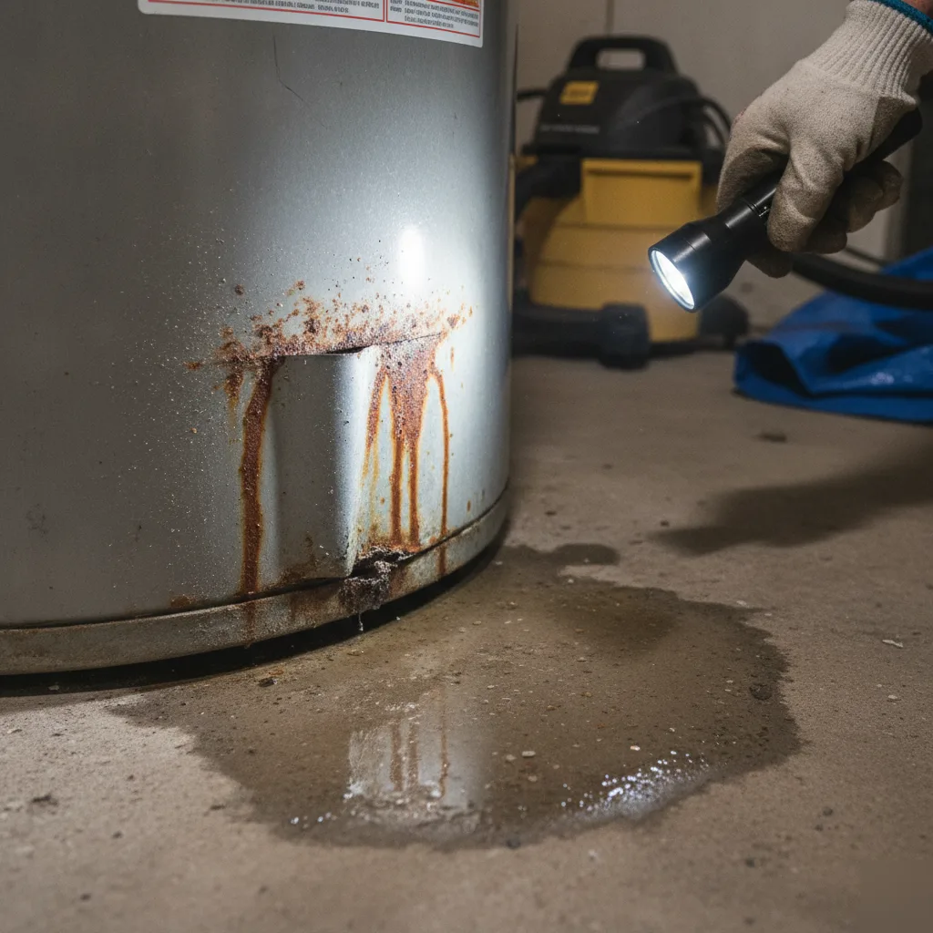 Close-up of rusted leaking water heater tank seam needing replacement