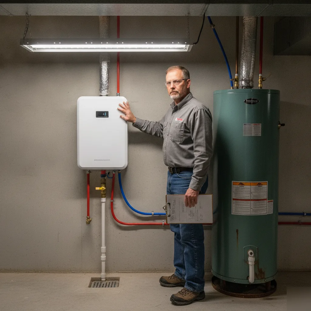 Plumber comparing tankless and tank water heater options in Malden home