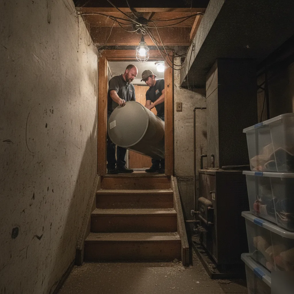 Plumbers maneuvering water heater through tight Malden triple-decker stairwell