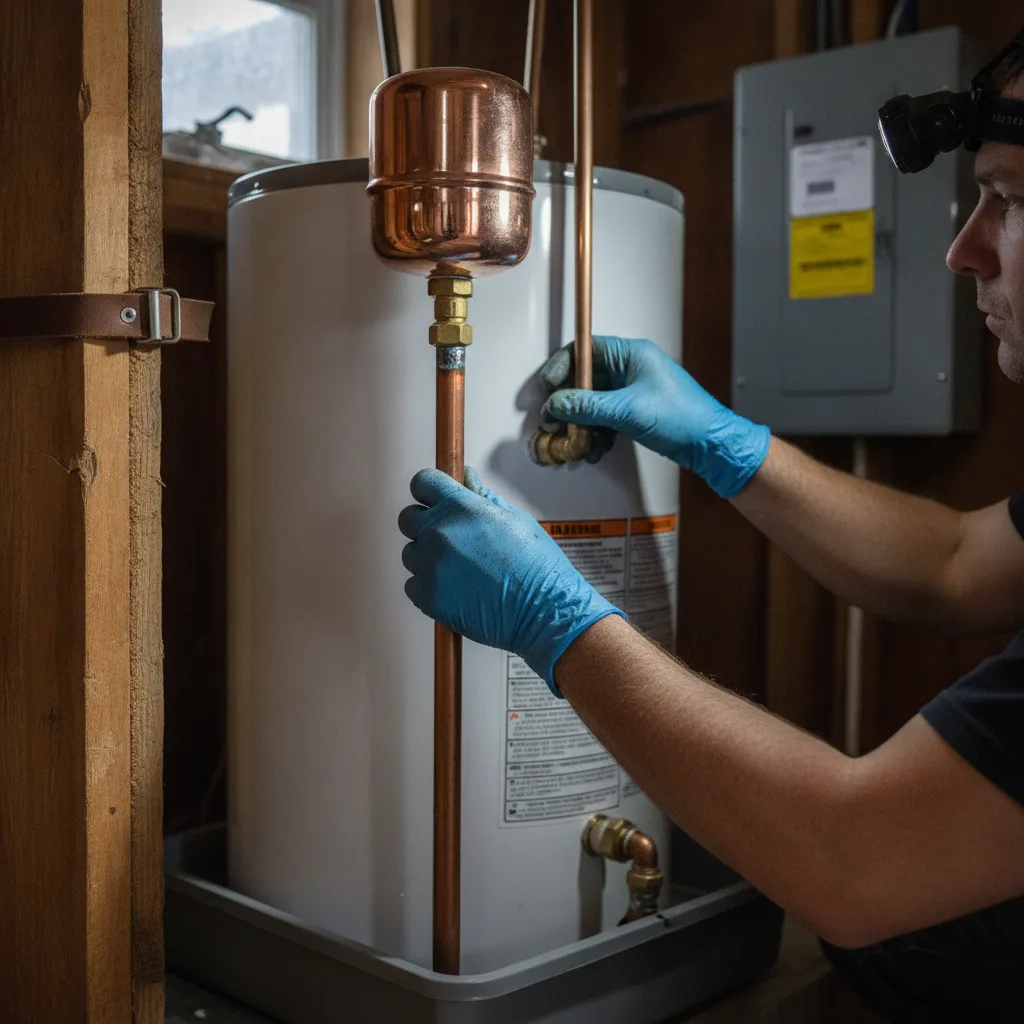Close-up of code-required relief valve and strap on new water heater