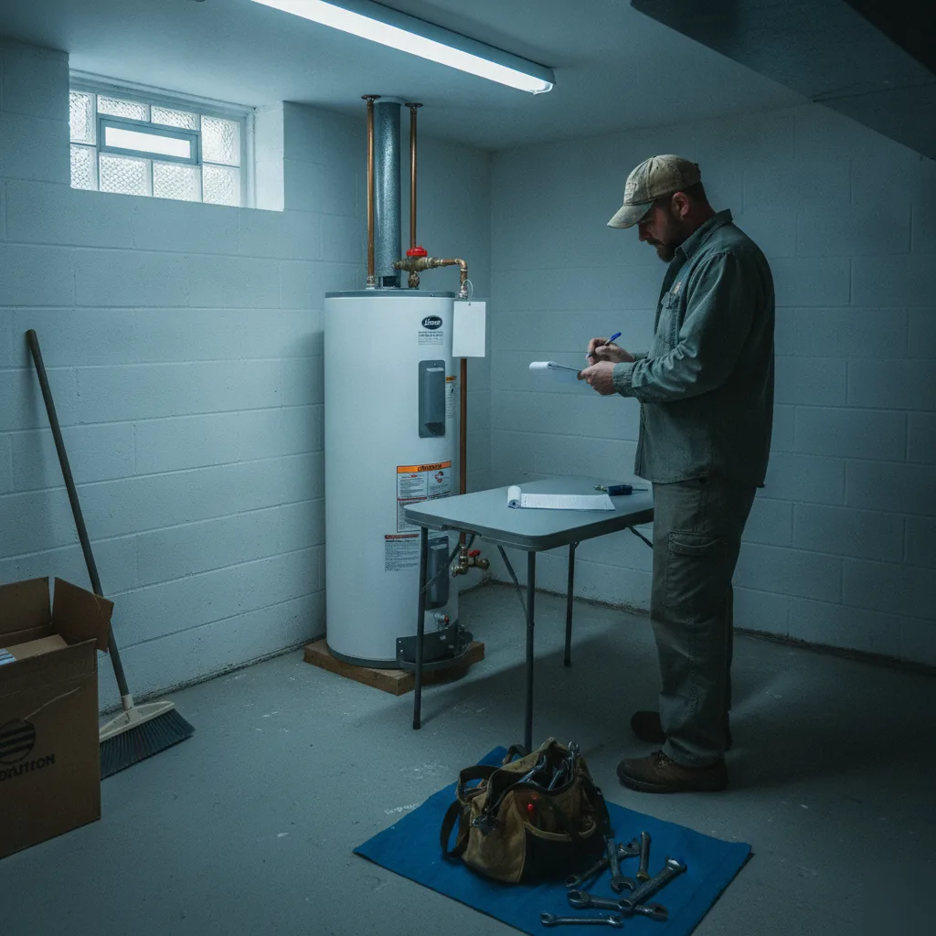 Plumber completing paperwork after water heater installation in Malden basement