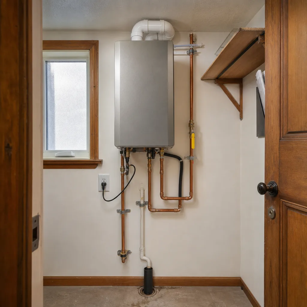 Completed tankless hot water heater install in Malden home utility closet