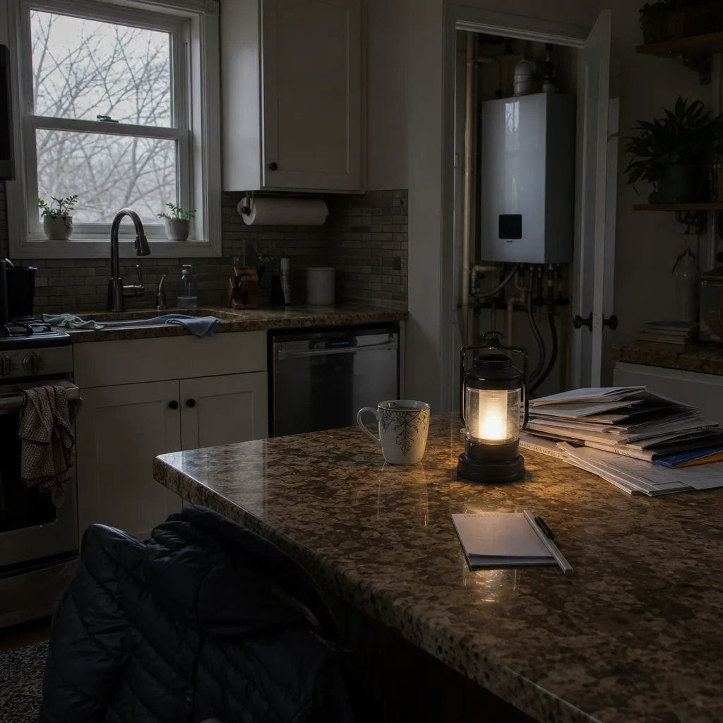 Malden kitchen during power outage near unlit tankless water heater panel
